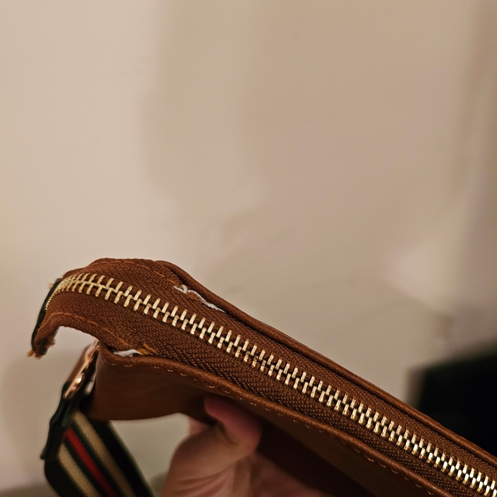 Brown Vegan Leather Triple Zip Crossbody Bag with Striped Guitar Strap Clutch - Picture 8 of 11